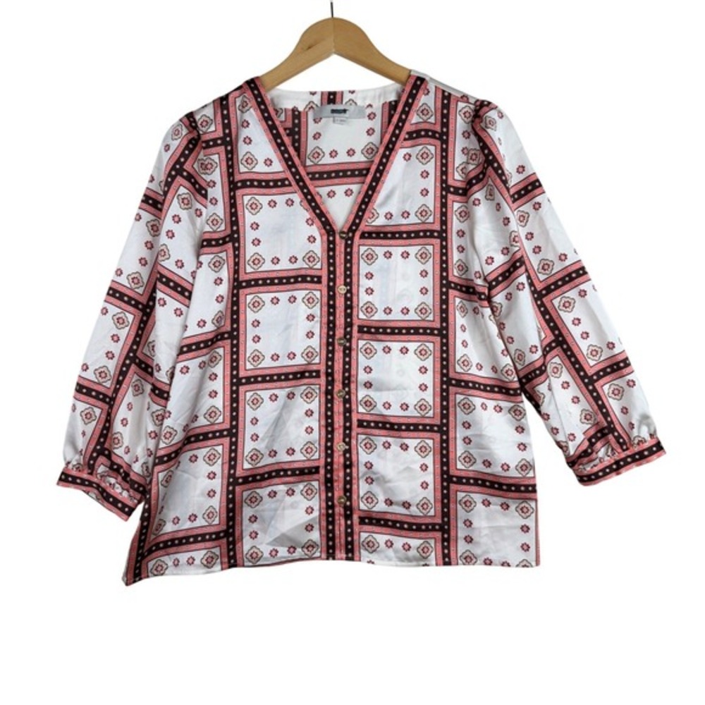 Loft Windowpane V-neck Button Down Blouse size Small‎ Cream/Red